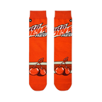 Flat lay of two orange socks side-by-side, displaying the Mtn Dew logo on the top half and cherry graphics on the bottom.