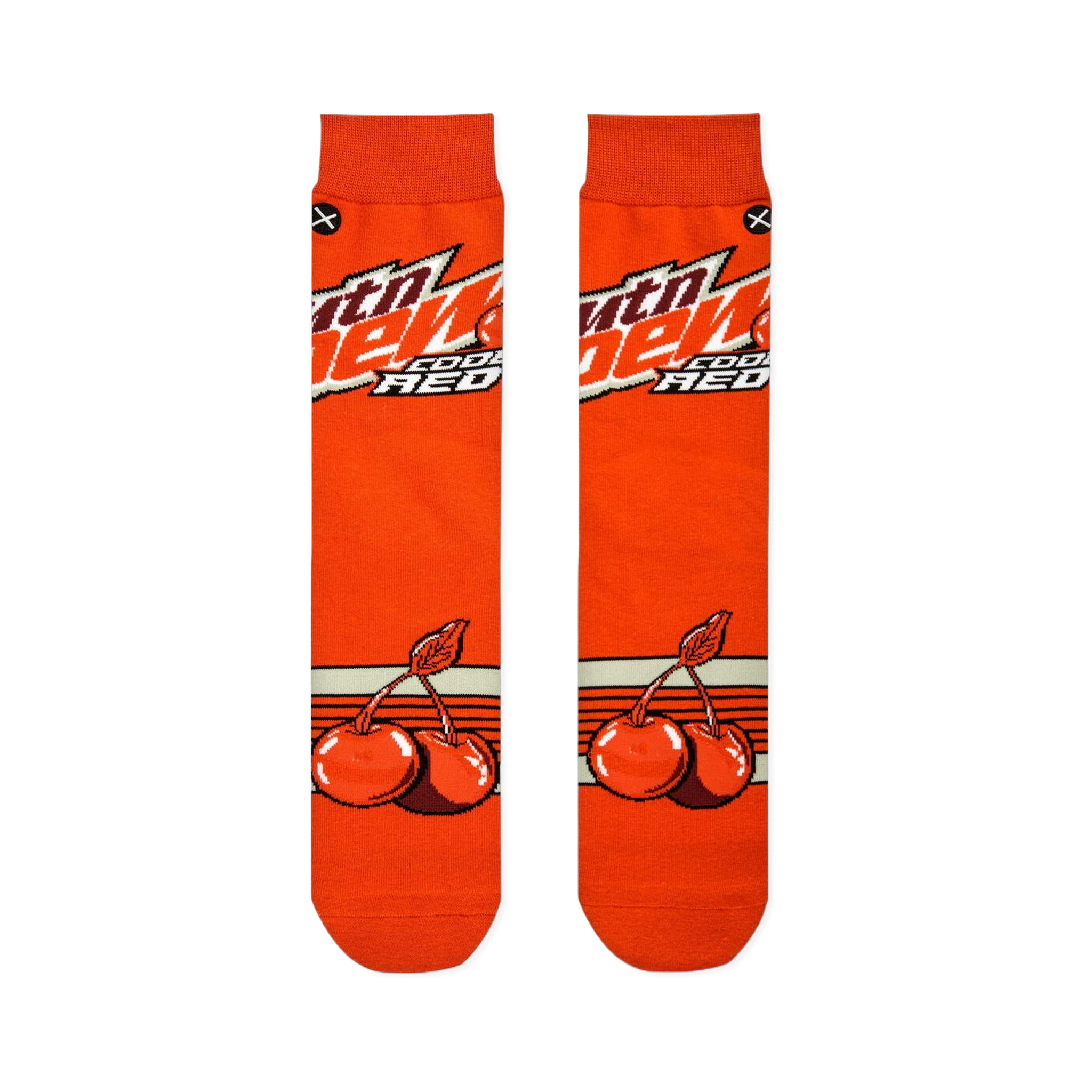 Flat lay of two orange socks side-by-side, displaying the Mtn Dew logo on the top half and cherry graphics on the bottom.