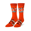 Orange crew socks featuring the Mtn Dew Code Red logo on the calf and large red cherries over retro stripes on the foot.