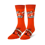 Orange crew socks featuring the Mtn Dew Code Red logo on the calf and large red cherries over retro stripes on the foot.
