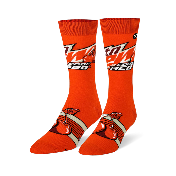 Orange crew socks featuring the Mtn Dew Code Red logo on the calf and large red cherries over retro stripes on the foot.