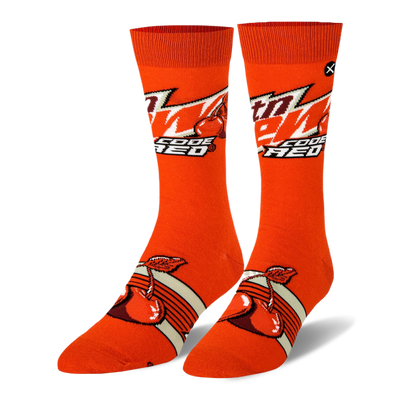 Orange crew socks featuring the Mtn Dew Code Red logo on the calf and large red cherries over retro stripes on the foot.