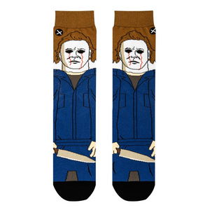 Close-up of the Michael Myers pixel art design on the socks, showing more detail.