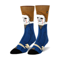Pair of crew socks, blue and brown, featuring a pixel art design of Michael Myers from Halloween.