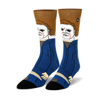Pair of crew socks, blue and brown, featuring a pixel art design of Michael Myers from Halloween.