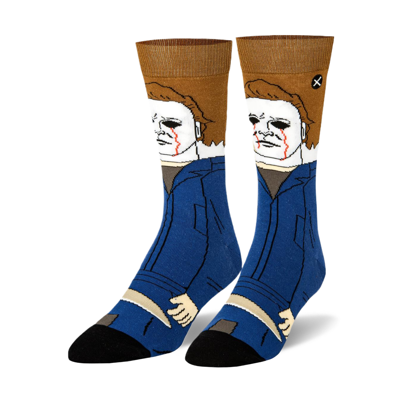 Pair of crew socks, blue and brown, featuring a pixel art design of Michael Myers from Halloween.