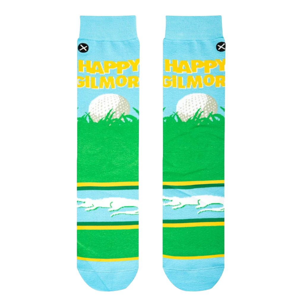 Lifestyle shot of Happy Gilmore socks on a person's feet. Shows off the sock design and fit.