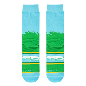 Flat lay showcasing the full Happy Gilmore sock design, highlighting the details of the golf ball, grass, and alligator graphic.