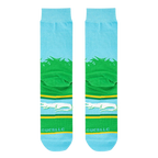 Flat lay showcasing the full Happy Gilmore sock design, highlighting the details of the golf ball, grass, and alligator graphic.