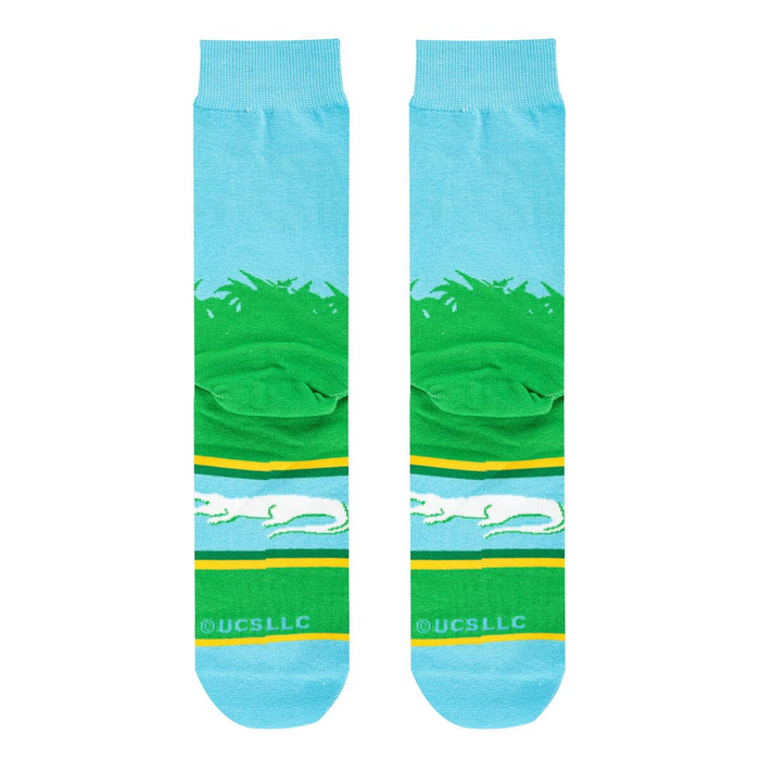Flat lay showcasing the full Happy Gilmore sock design, highlighting the details of the golf ball, grass, and alligator graphic.