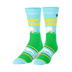 Pair of Happy Gilmore crew socks. Light blue with green, yellow and white accents. Features a golf ball, Happy Gilmore text and alligators.