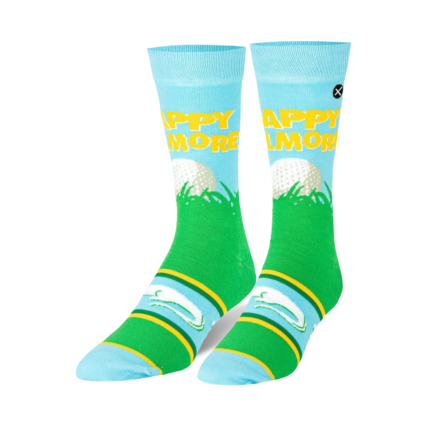 Pair of Happy Gilmore crew socks. Light blue with green, yellow and white accents. Features a golf ball, Happy Gilmore text and alligators.