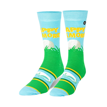 Pair of golf-themed crew socks in light blue and green, featuring a golf ball, grass, stripes, and a white alligator.