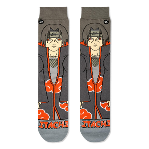 Flat lay of grey crew socks showing the front design of Itachi in a dark cloak with orange letters spelling his name.