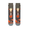 Flat lay of grey crew socks showing the front design of Itachi in a dark cloak with orange letters spelling his name.