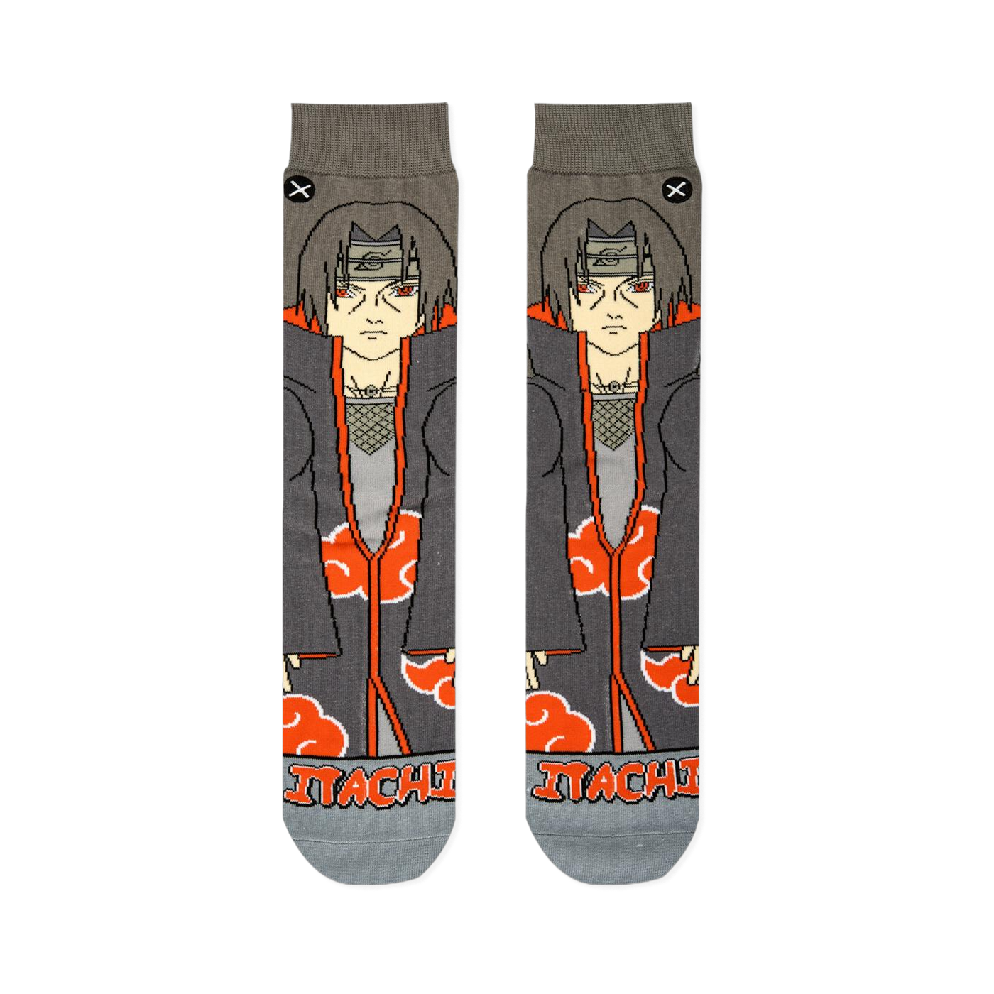 Flat lay of grey crew socks showing the front design of Itachi in a dark cloak with orange letters spelling his name.