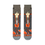 Flat lay of grey crew socks showing the front design of Itachi in a dark cloak with orange letters spelling his name.