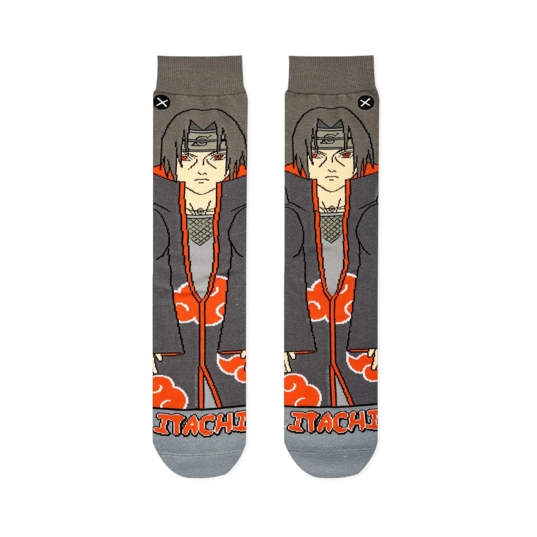 Flat lay of grey crew socks showing the front design of Itachi in a dark cloak with orange letters spelling his name.