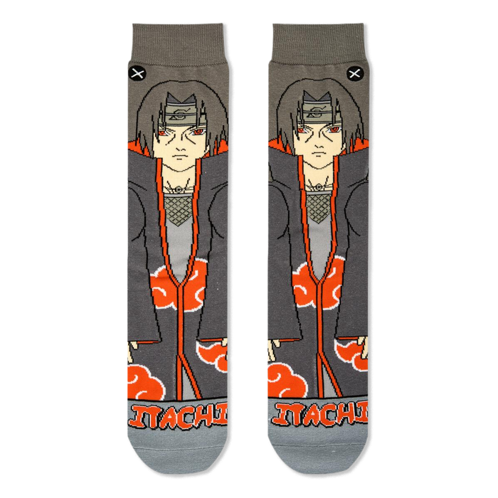 Flat lay of grey crew socks showing the front design of Itachi in a dark cloak with orange letters spelling his name.