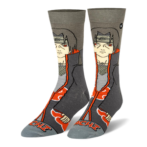Grey crew socks featuring a 360-degree design of anime character Itachi with red eyes, a dark cloak, and bright red clouds.