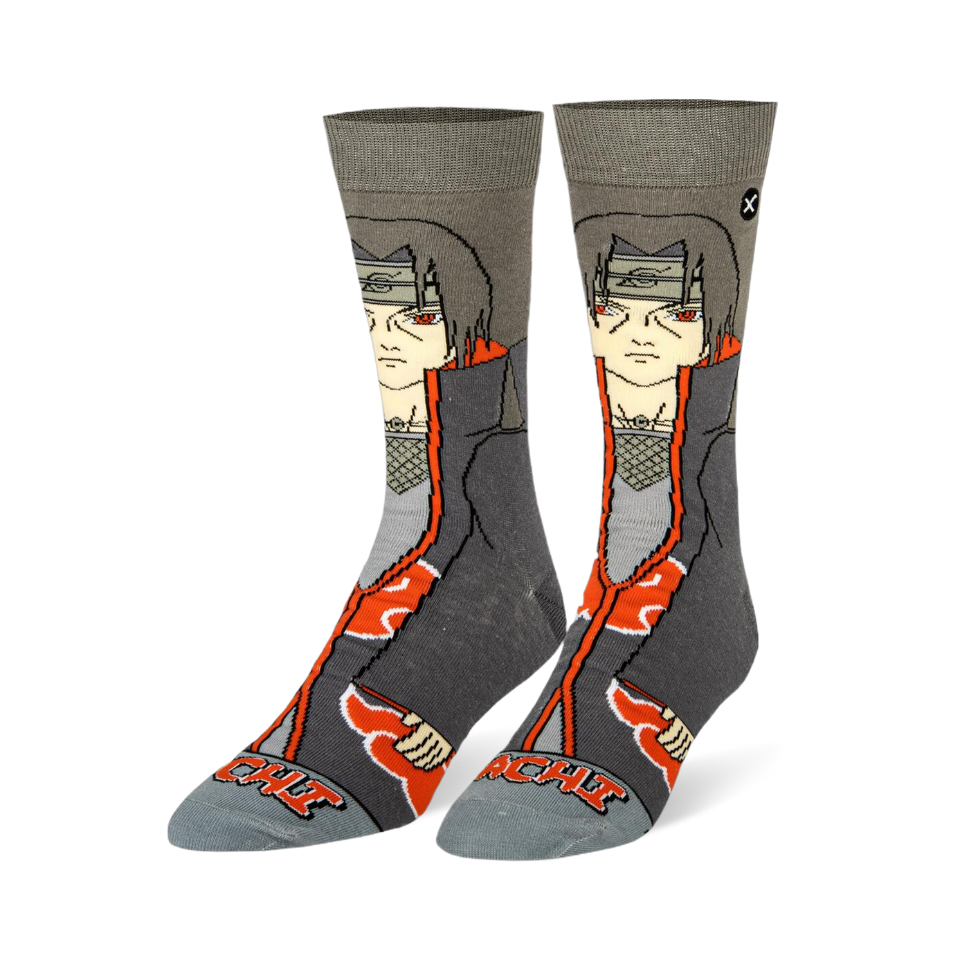Grey crew socks featuring a 360-degree design of anime character Itachi with red eyes, a dark cloak, and bright red clouds.