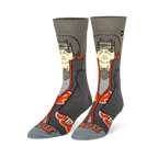 Grey crew socks featuring a 360-degree design of anime character Itachi with red eyes, a dark cloak, and bright red clouds.