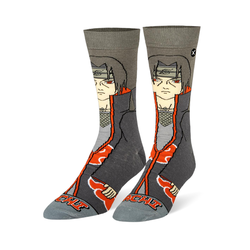 Grey crew socks featuring a 360-degree design of anime character Itachi with red eyes, a dark cloak, and bright red clouds.