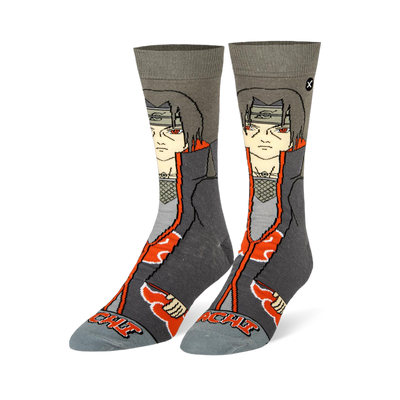 Grey crew socks featuring a 360-degree design of anime character Itachi with red eyes, a dark cloak, and bright red clouds.