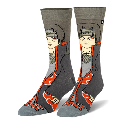 Grey crew socks featuring a 360-degree design of anime character Itachi with red eyes, a dark cloak, and bright red clouds.