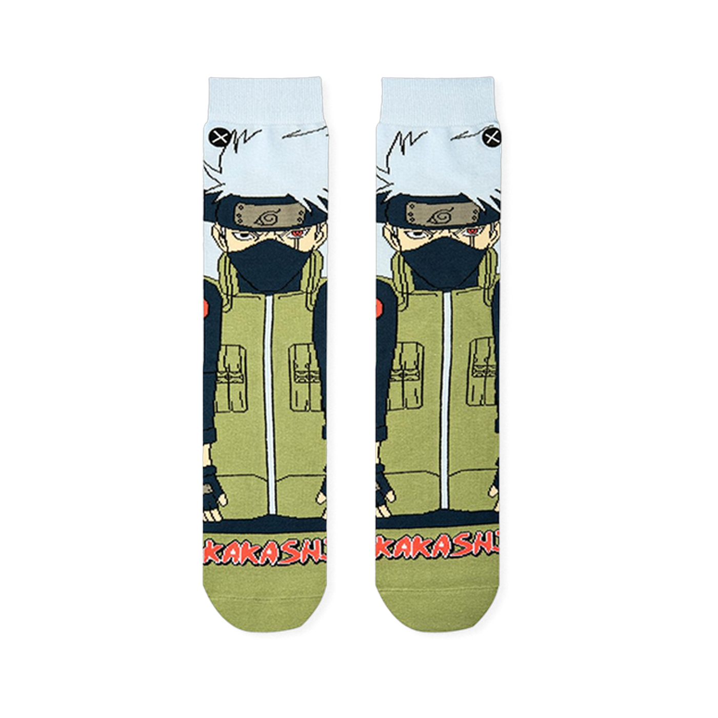 Flat lay front view of two crew socks showing the full Kakashi character design and red text at the bottom.