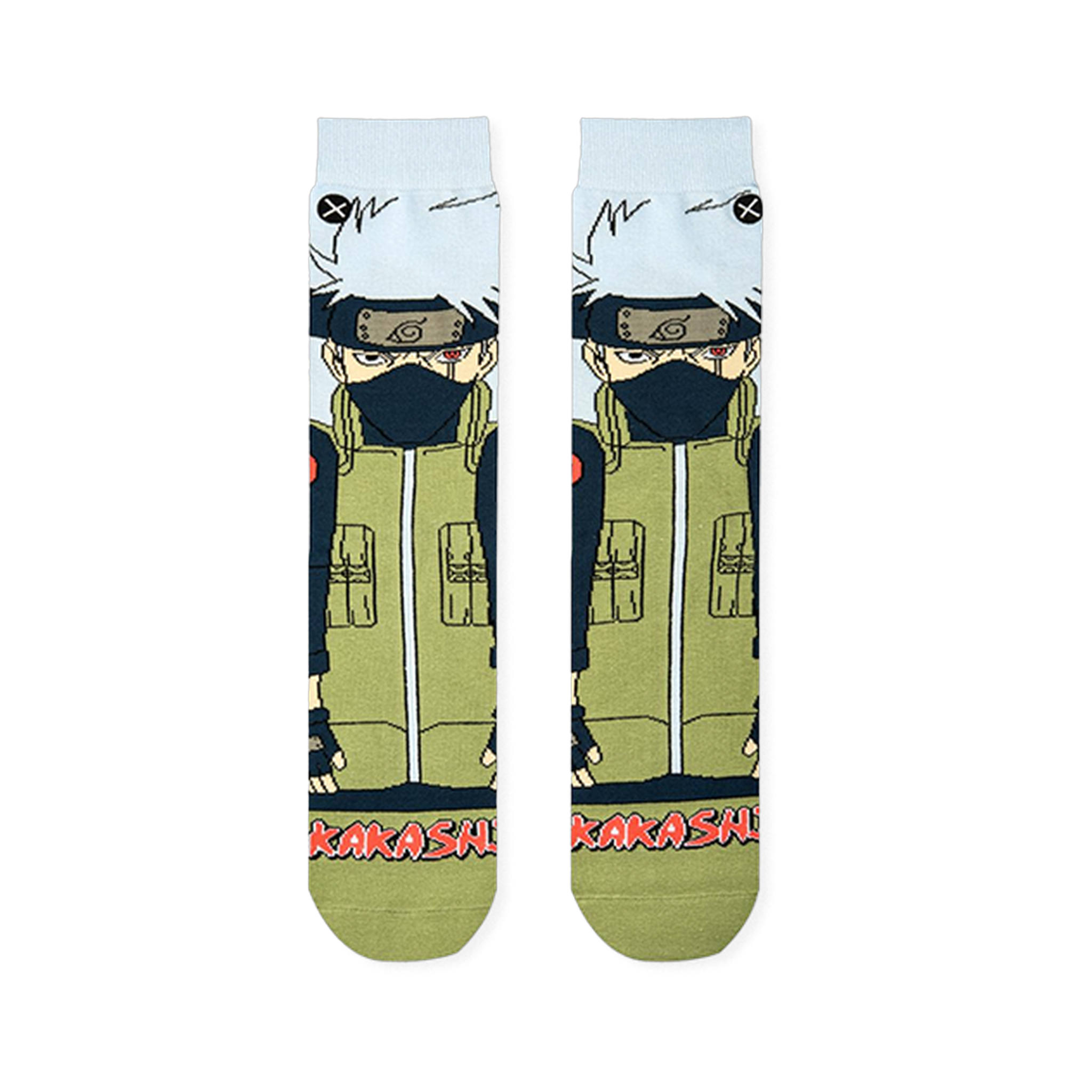 Flat lay front view of two crew socks showing the full Kakashi character design and red text at the bottom.