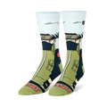 Crew socks featuring anime character Kakashi with white hair, face mask, green jacket, and his name in red at the toe.