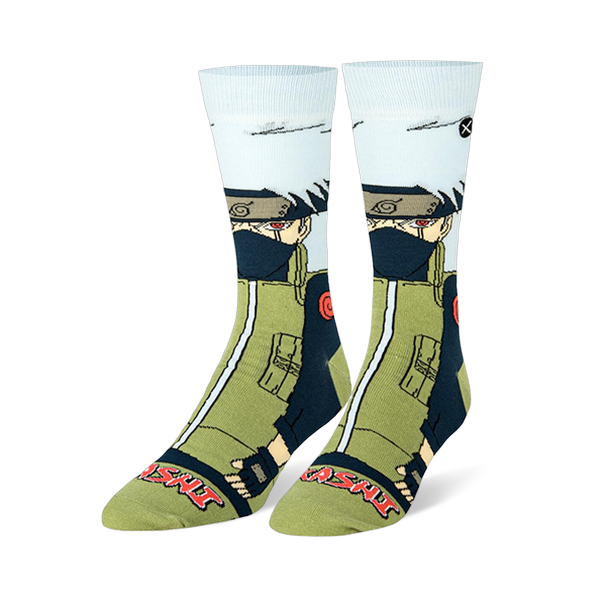 Crew socks featuring anime character Kakashi with white hair, face mask, green jacket, and his name in red at the toe.