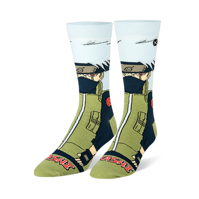 Crew socks featuring anime character Kakashi with white hair, face mask, green jacket, and his name in red at the toe.