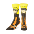 Crew socks angled to show Naruto's orange and black suit design wrapping around the side, with Naruto text on the dark toe.