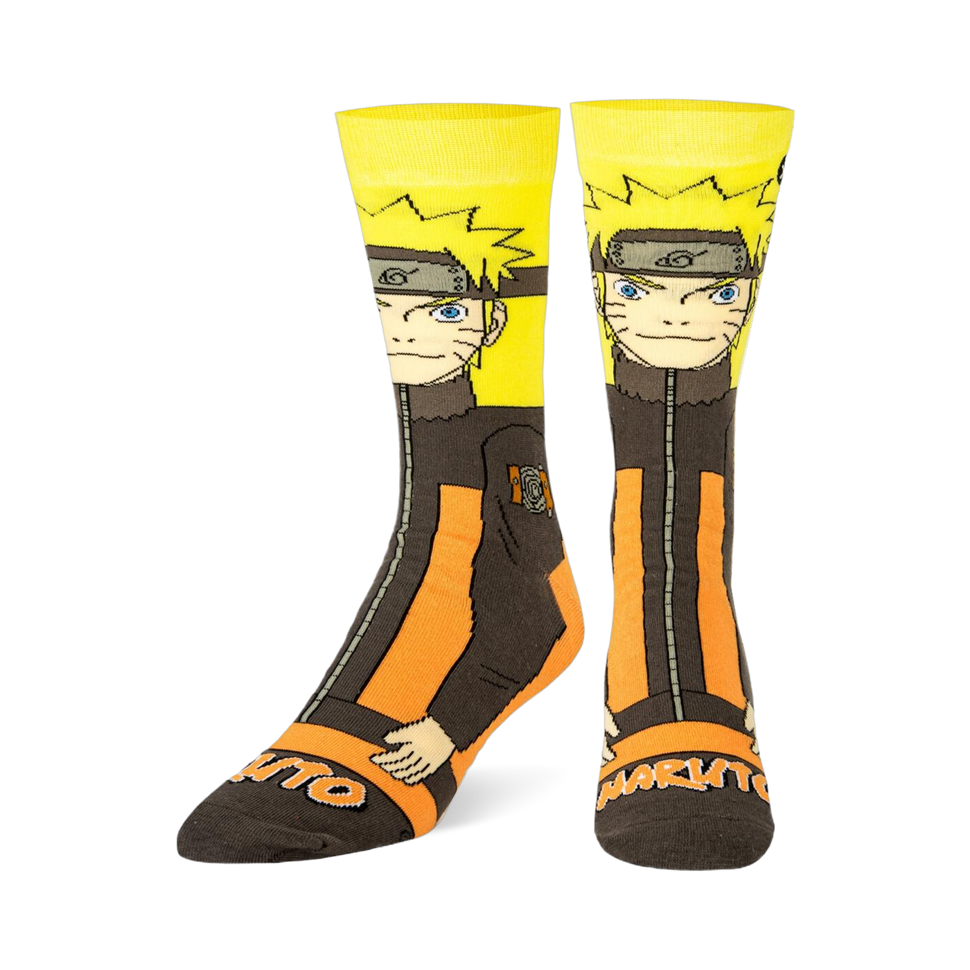 Crew socks angled to show Naruto's orange and black suit design wrapping around the side, with Naruto text on the dark toe.