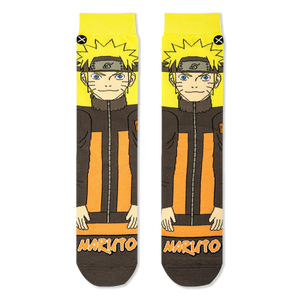 Flat lay of two Naruto socks side by side, showing his spiky yellow hair, blue eyes, headband, and orange track suit.