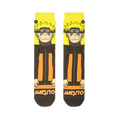Flat lay of two Naruto socks side by side, showing his spiky yellow hair, blue eyes, headband, and orange track suit.