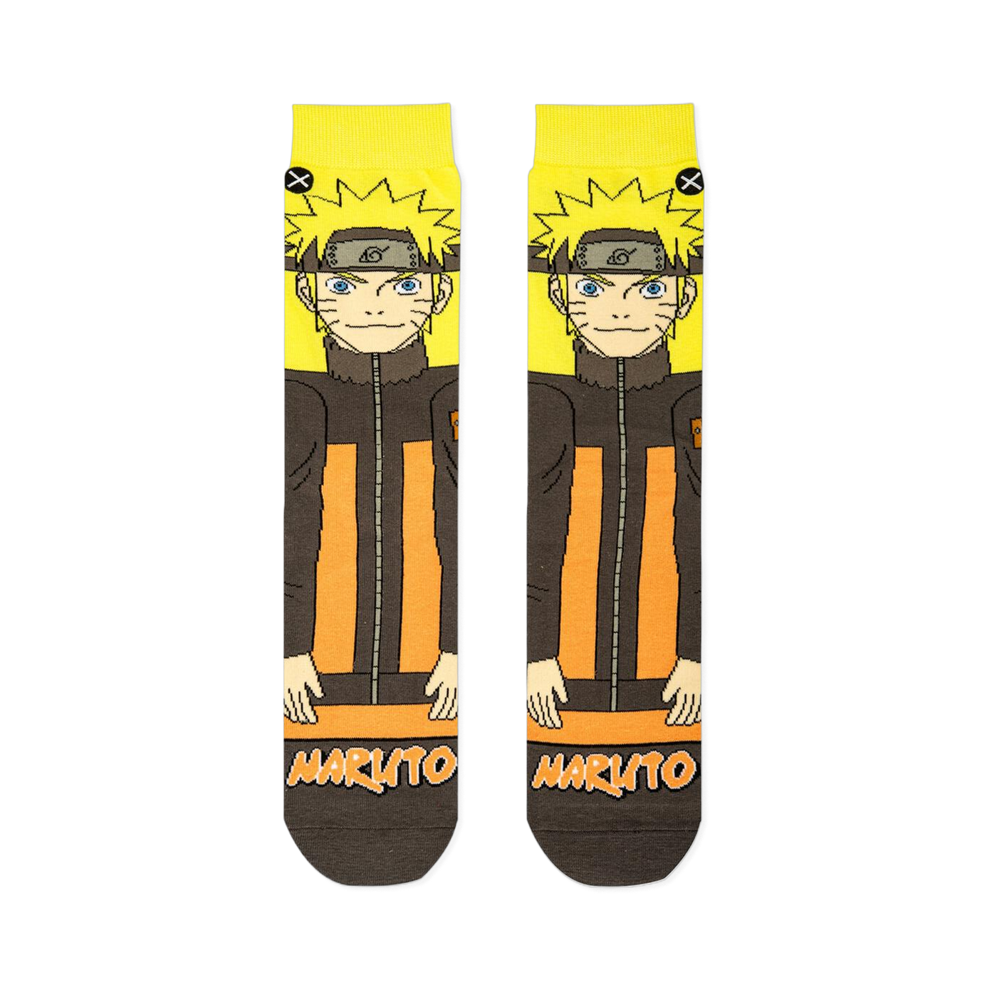 Flat lay of two Naruto socks side by side, showing his spiky yellow hair, blue eyes, headband, and orange track suit.
