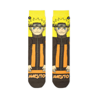 Flat lay of two Naruto socks side by side, showing his spiky yellow hair, blue eyes, headband, and orange track suit.