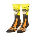 Yellow and black crew socks with a full design of Naruto Uzumaki in his track suit, plus the word Naruto on the dark toes.