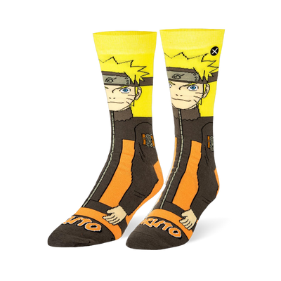 Yellow and black crew socks with a full design of Naruto Uzumaki in his track suit, plus the word Naruto on the dark toes.