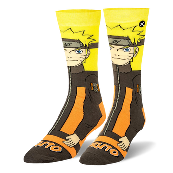 Yellow and black crew socks with a full design of Naruto Uzumaki in his track suit, plus the word Naruto on the dark toes.