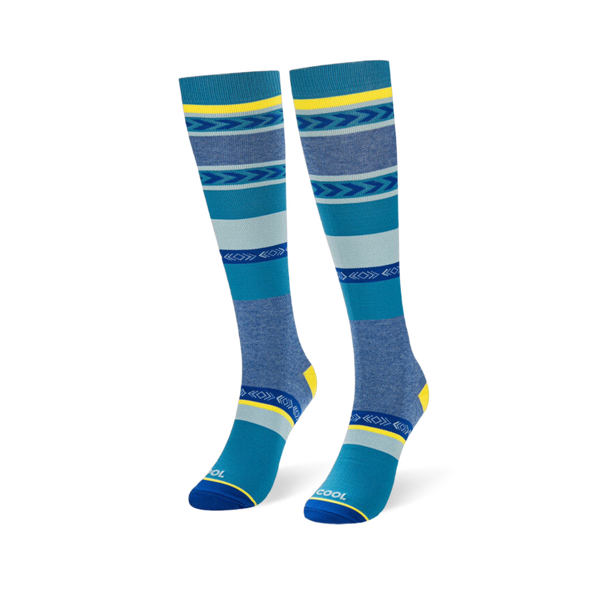 Angled studio shot of blue geometric striped knee-high socks highlighting the bright yellow heel and COOL toe text.