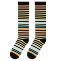 Flat lay of two knee-high socks side-by-side, displaying varied horizontal stripes in brown, green, blue, and peach.