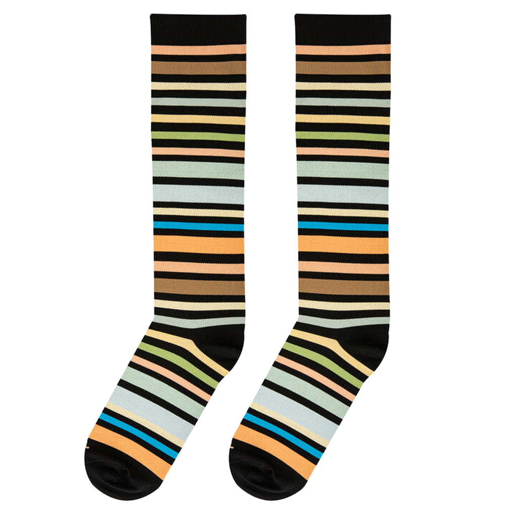 Flat lay of two knee-high socks side-by-side, displaying varied horizontal stripes in brown, green, blue, and peach.