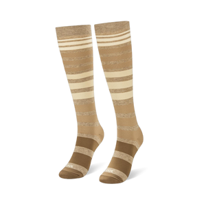 3D display of knee-high socks showing the brown to cream ombre stripes and the word COOL printed near the toe.