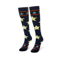 Angled view of navy socks standing upright to show the striped band near the black toe with the word COOL in red.