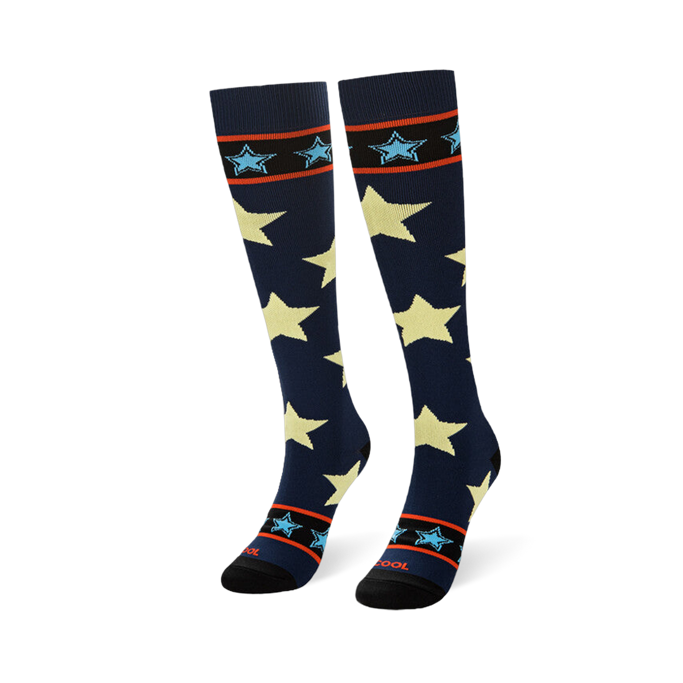 Angled view of navy socks standing upright to show the striped band near the black toe with the word COOL in red.