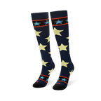 Angled view of navy socks standing upright to show the striped band near the black toe with the word COOL in red.